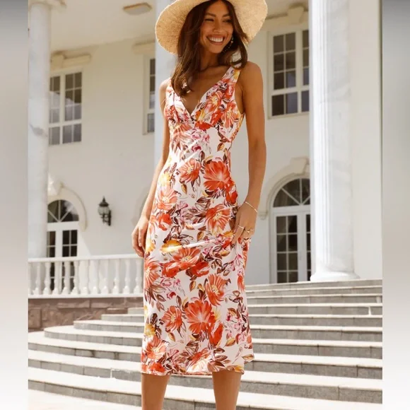 knee length dresses for ladies Pink Floral-Print Midi Casual Dress with Pockets– PromGirl main image 1